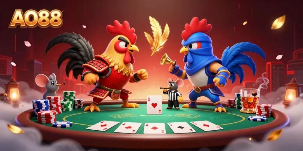 Experience the thrill of AO88 with epic roosters facing off amid poker action and golden elements.