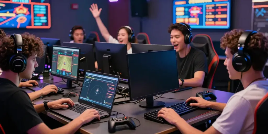 Online gaming scene at SKY88 with diverse players using devices, showcasing dynamic engagement.