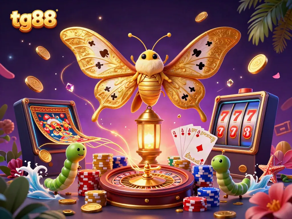Experience the magical world of tg88 with a vibrant casino-themed illustration featuring a majestic moth and gaming elements.
