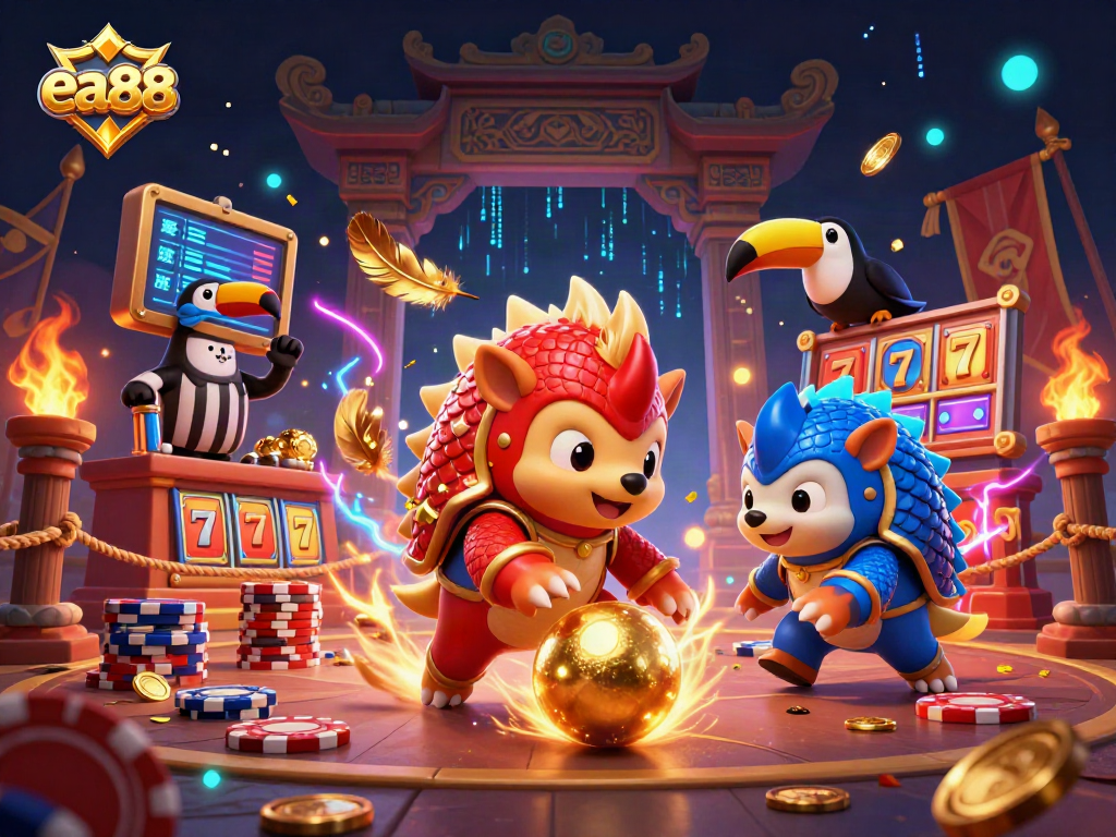 ea88 pangolins compete in a vibrant casino scene, bowling golden balls through poker chips.