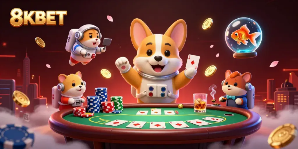 Experience exciting betting action in 8KBET's colorful casino, featuring a floating corgi and vibrant gaming elements.