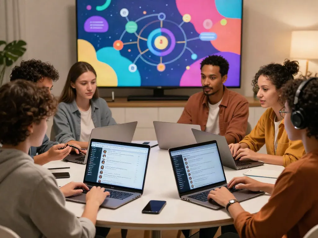 Members of rokok88 community engaged in lively online discussions, sharing insights and experiences in a colorful digital setting.