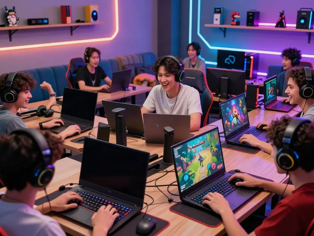 Exciting online gaming atmosphere with players enjoying various games on https://gem88.bz/ devices, showcasing vibrant graphics and modern peripherals.