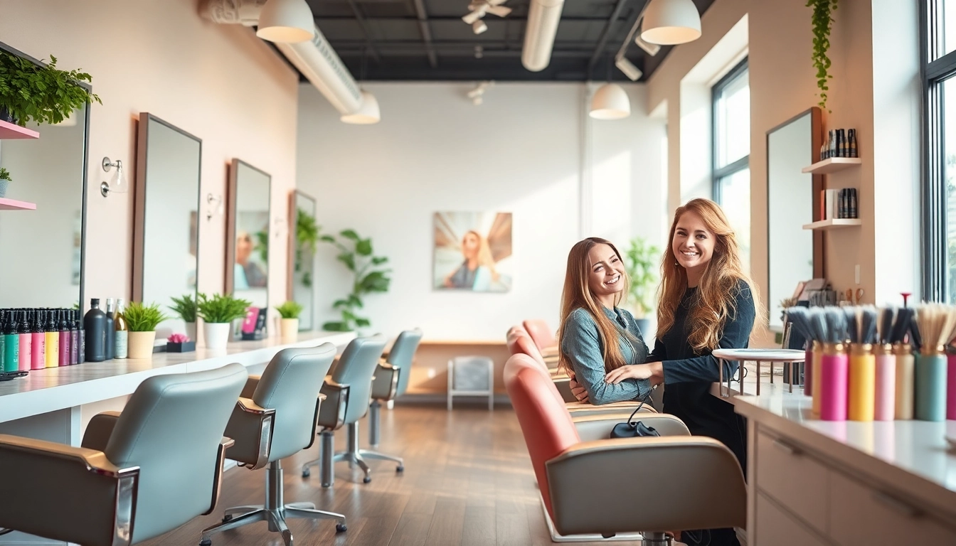 Hair salon interior showcasing modern styling tools and a friendly stylist, emphasizing ヘアサロン atmosphere.