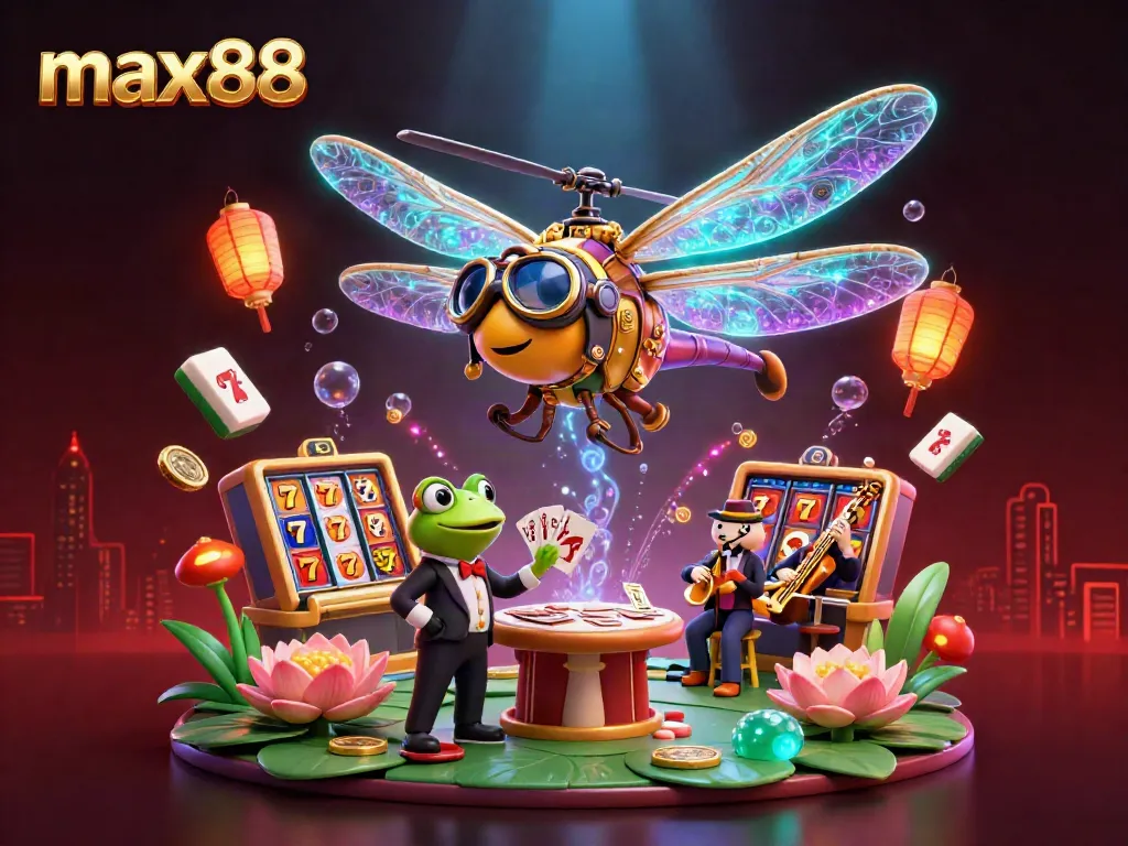 Max88's vibrant 3D casino illustration showcases thrilling slot reels and a frog dealer for an exciting gaming experience.