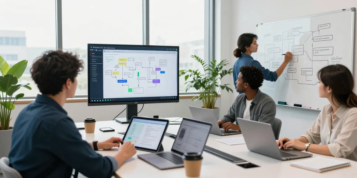 Build internal tools with AI in a modern workspace featuring a collaborative team engaged in productive discussions.