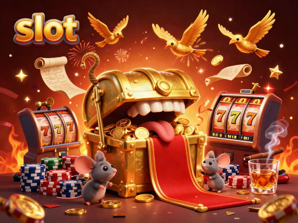 Experience exciting slot action with a treasure chest luring adventurer mice amid vibrant casino elements.