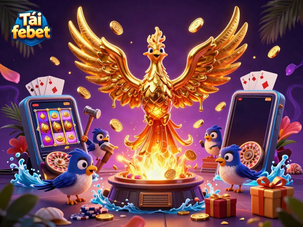 Tải febet showcases a dynamic casino scene with a molten golden phoenix and vibrant gaming elements.