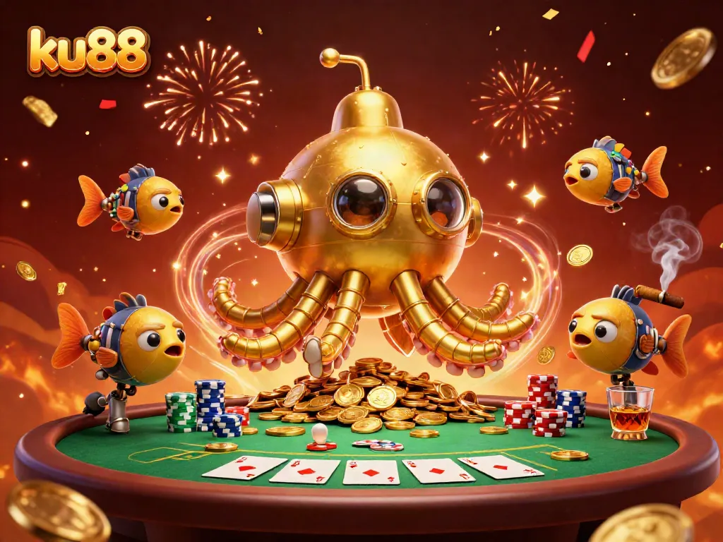 Join the adventure with ku88 as the golden kraken submarine emerges in a sea of coins near an exciting poker table.