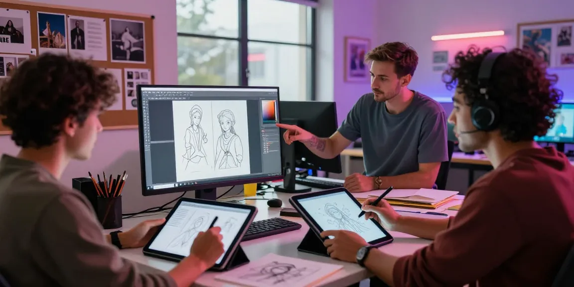 Creative artists using an nsfw ai generator to create digital art in a lively studio.