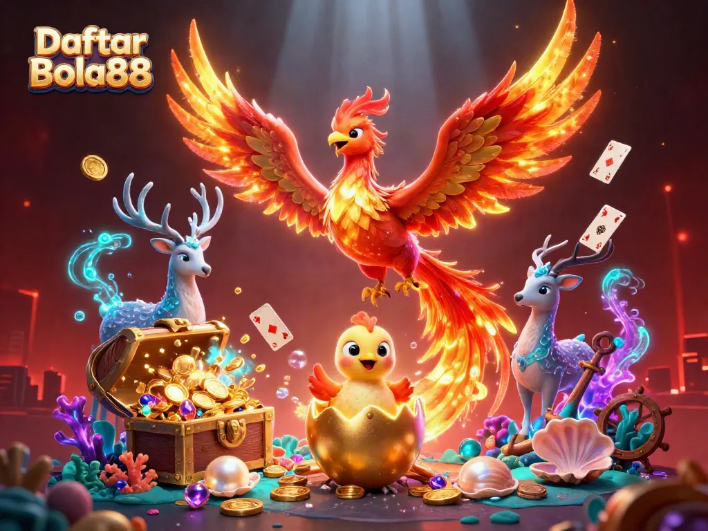 Experience Daftar Bola88 with thrilling visuals of a phoenix and treasures in a dazzling gambling scene.