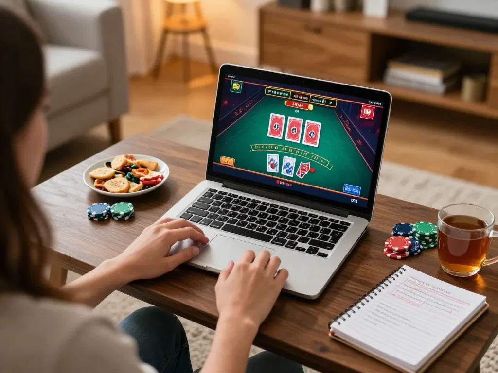 Player enjoying online blackjack at home with TG 88 on laptop, showcasing strategic gameplay.