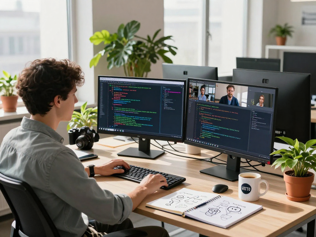 Blockchain developer utilizing USDT0 in a modern tech workspace during virtual collaboration.