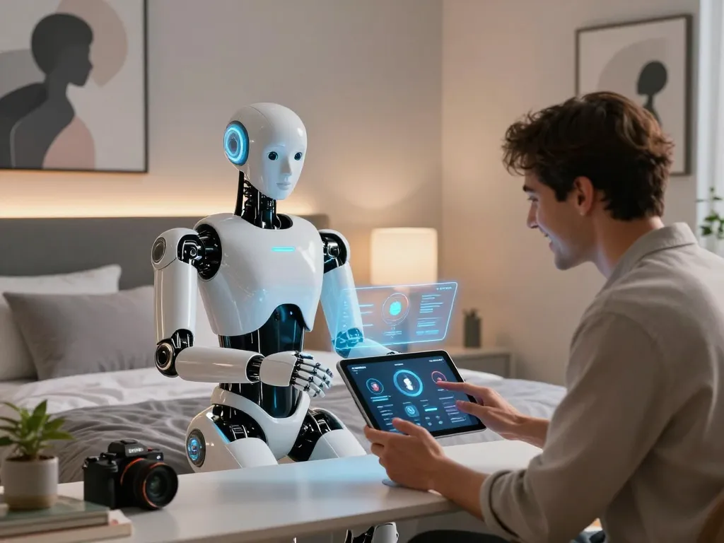 Futuristic sex bot interacting with a user in a modern bedroom, showcasing advanced technology and intimacy.