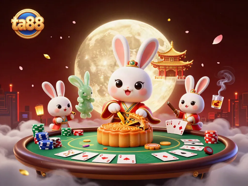 Experience the thrill of ta88 with a whimsical moon rabbit revealing poker chips in a rich 3D casino scene.