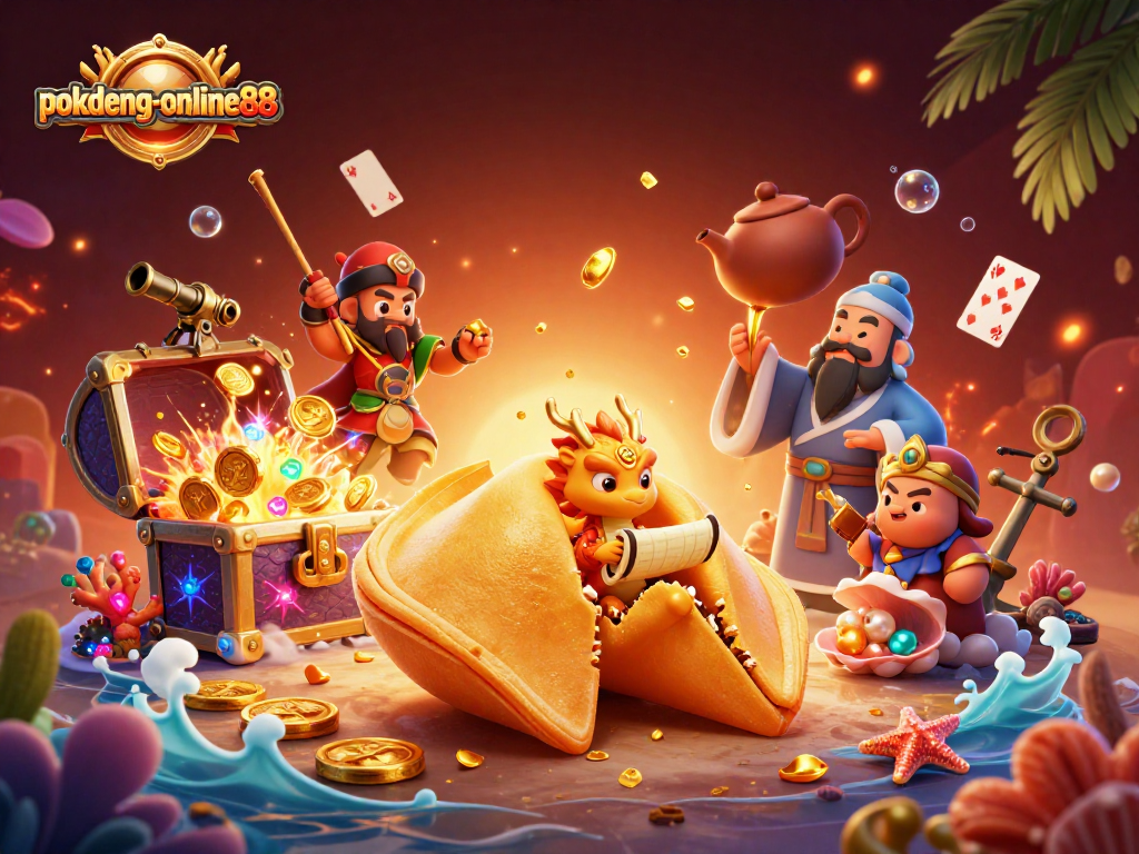Watch the tiny wise dragon read fortune scrolls inside the golden cookie at pokdeng-online88 casino.
