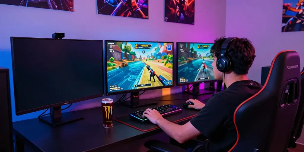 Immerse in gaming at https://du88az.net/ with an energetic setup featuring vibrant graphics and a focused player.