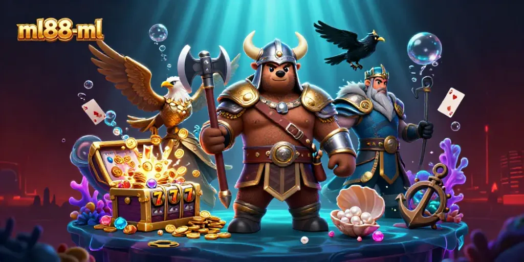 Engage with ml88-ml's vibrant 3D casino world featuring a Viking bear, Valkyrie eagle, and dynamic game elements.
