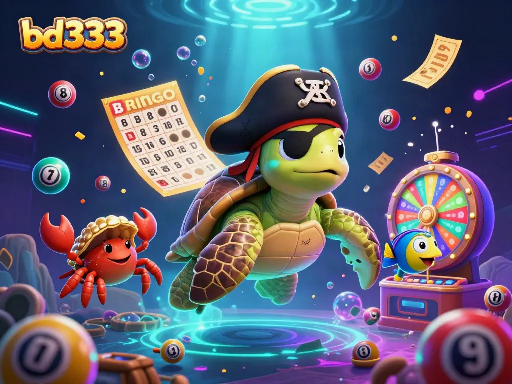Experience the excitement of bd333 with vibrant lottery balls, a pirate turtle, and colorful game elements.