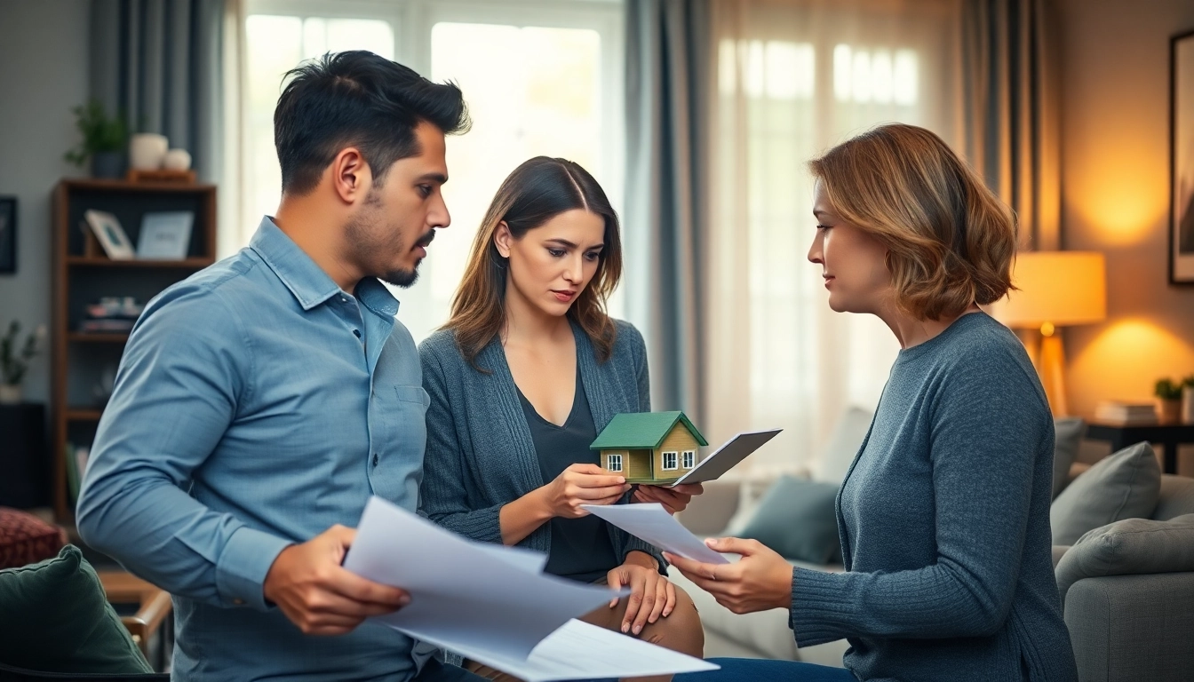 Hausverkauf bei Scheidung: Paar mit Immobilienberater in einem gemütlichen Wohnzimmer.