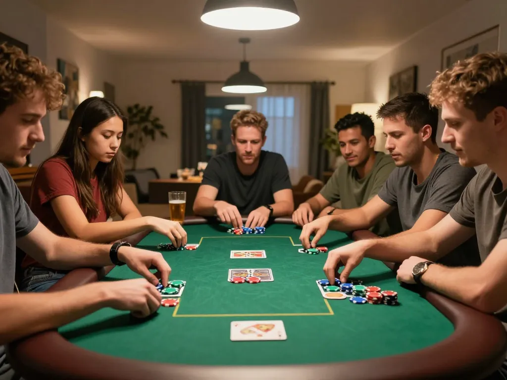 Friends playing poker at home, showcasing a fun and competitive atmosphere with kkwin-themed chips and cards