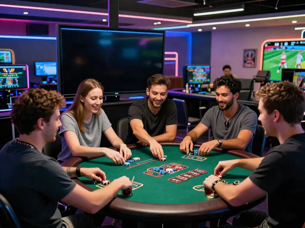 Exciting online gaming at https://ta88.network/ with friends celebrating and placing bets.