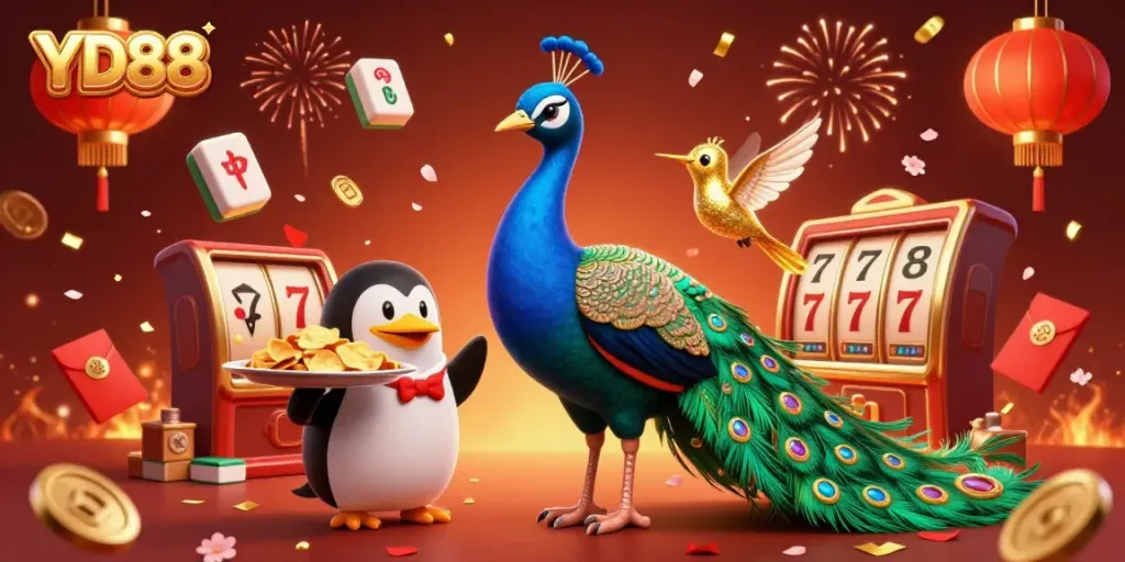 Experience YD88 through a vibrant 3D illustration featuring a peacock, penguin, and hummingbird in a lively casino setting.