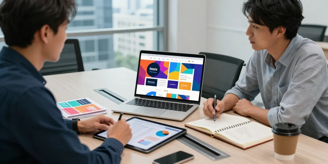 Webdesign Berater berät in einem modernen Büro mit Kunden, die Website-Strategien und Designelemente diskutieren.