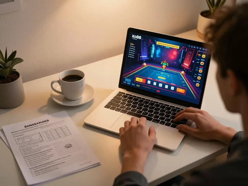 Engaging with Xo88s online as a player manages bankroll strategies in a modern gaming setup.