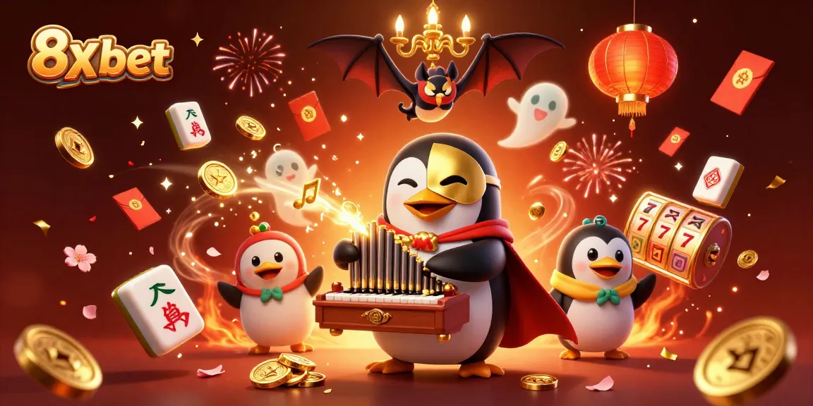 Experience the thrill of slot gaming with 8x bet, featuring a playful penguin and festive elements.