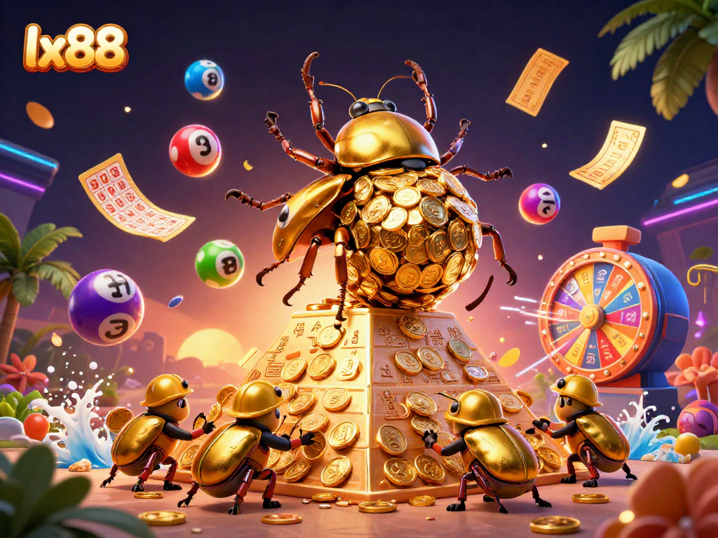 Experience thrilling gaming at lx88 with a golden dung beetle rolling coins in a vivid casino scene.