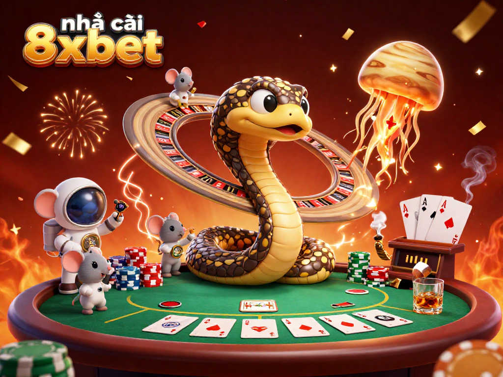 Engage with nhà cái 8xbet in a vibrant 3D casino scene showcasing betting excitement
