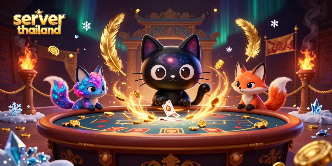 Experience thrilling gameplay at server thailand with a cosmic casino scene featuring a black hole cat and colorful nebula fox.