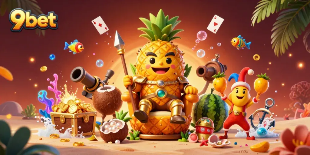 Celebrate big wins at 9bet's lively beach casino, featuring the golden pineapple king.