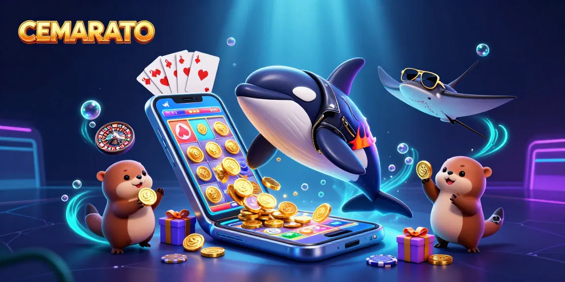 CEMARATOTO features an exciting underwater casino scene with vibrant characters celebrating their wins with coins.