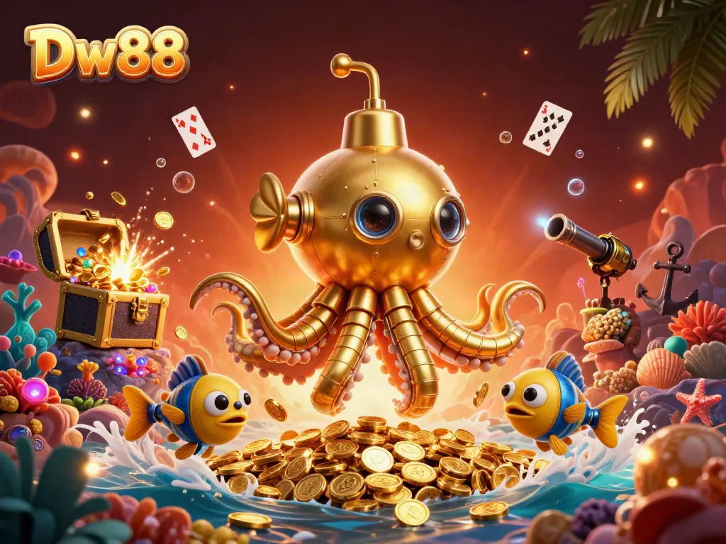 Engage with Dw88's golden kraken submarine amidst treasures, illustrating thrilling casino gameplay.
