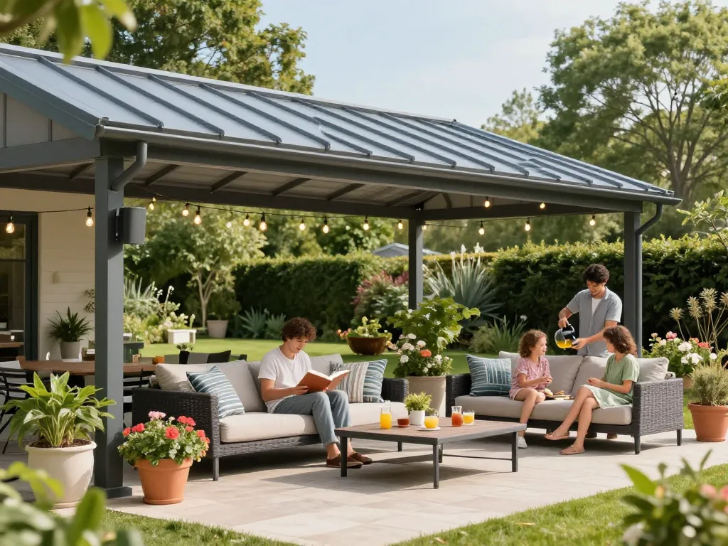 Schöne Terrassenüberdachung (terrassenüberdachung), die den Außenbereich mit Grünpflanzen verschönert.