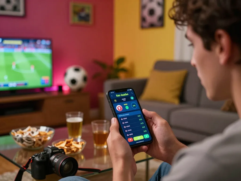 Betting on kèo nhà cái during exciting soccer match at home with smartphone in hand.