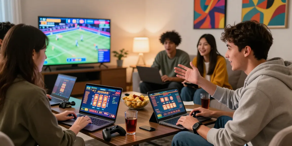 Friends enjoying online gaming with the rokok88 link in a lively living room atmosphere, reflecting a vibrant gambling culture.