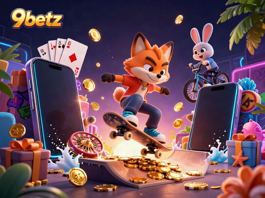 Experience thrilling gaming action with 9betz, featuring vibrant slot games and playful mascots.
