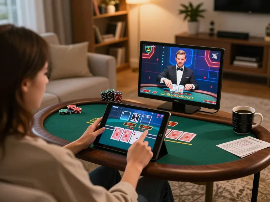 Player enjoying a thrilling blackjack game on f168 while engaging with live dealers in a cozy home setting.