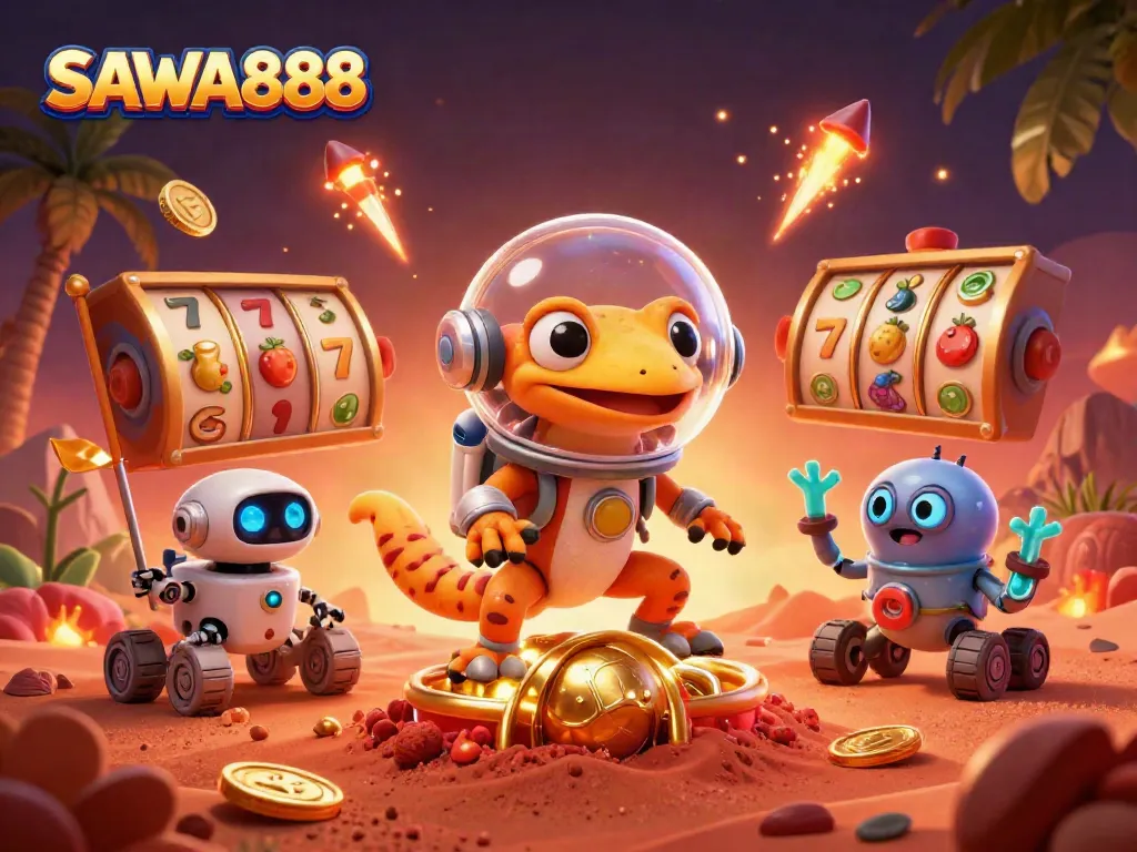 Spin slots and discover excitement with SAWA888 in a vibrant 3D casino scene.