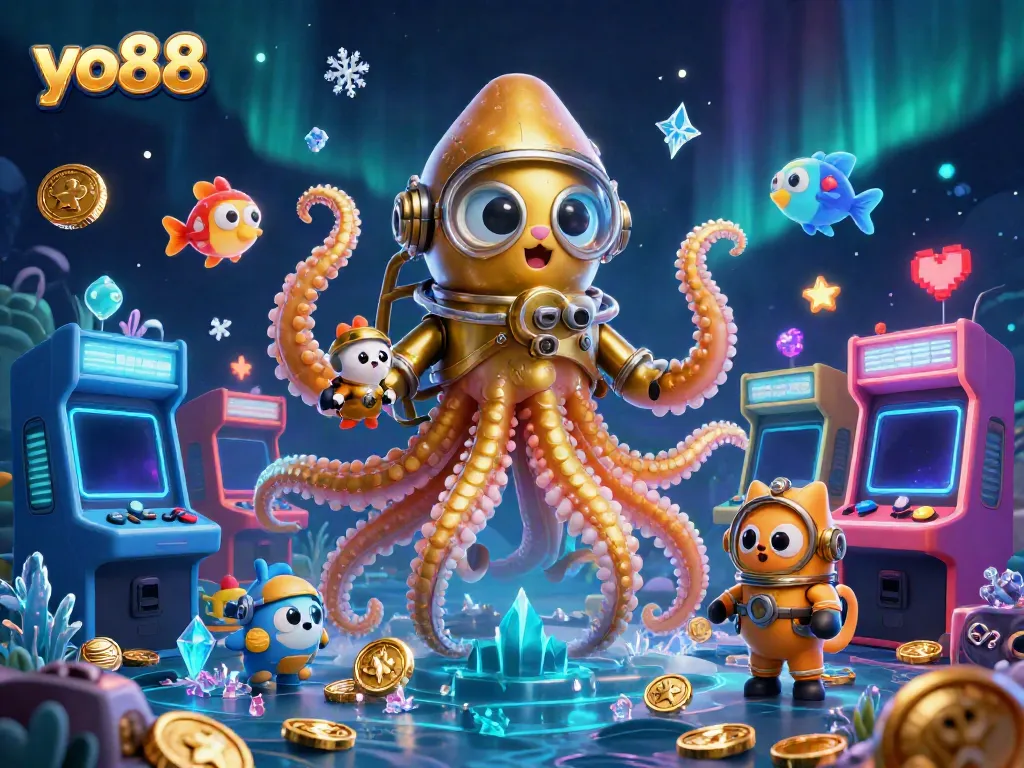 Experience the vibrant world of yo88 with a kraken, diving cat, and dynamic casino elements.