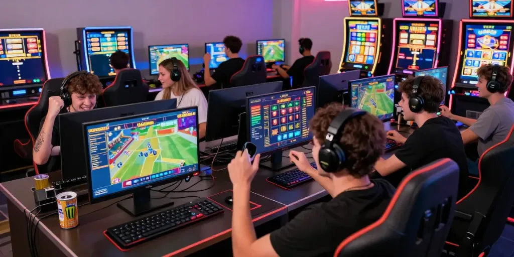 Exciting online gaming with players enjoying various Nohuwin games at https://choinohu.vip/ in a vibrant lounge.