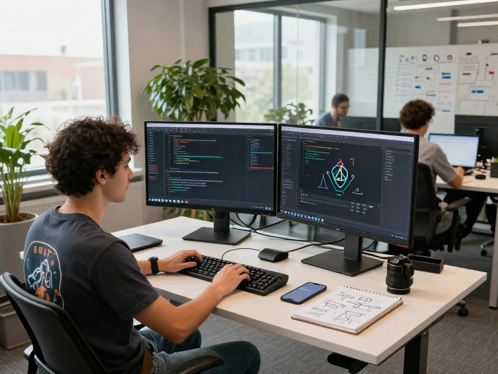 Developer working with acrossprotocol in a modern tech workspace showcasing dual monitors and collaborative software development tools.