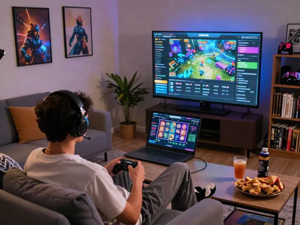 An immersive gaming experience showcasing situs gacor with a player enjoying online slots in a modern home environment.