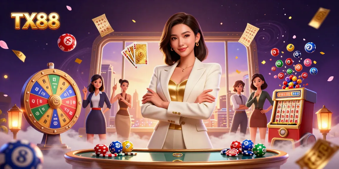 Experience the thrill of TX88 with a stylish poker scene featuring an elegant Asian woman and dynamic lottery elements.