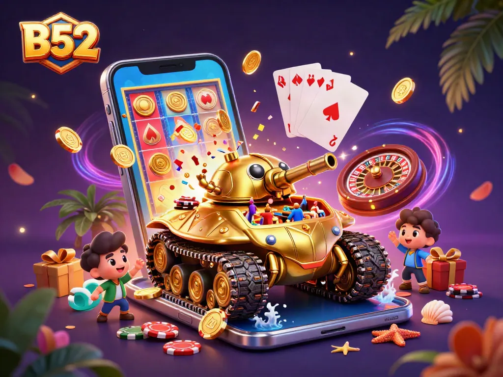 Engage in the B52 casino experience with a vibrant golden beetle tank and mini gaming elements.