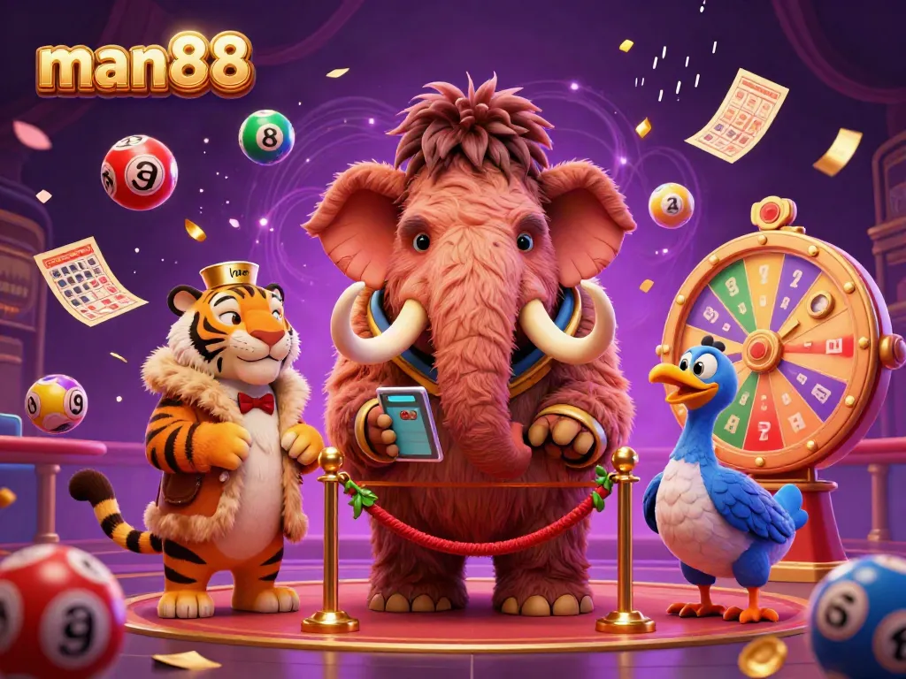 Experience the excitement of man88 with a woolly mammoth bouncer checking IDs at a vibrant casino entrance.