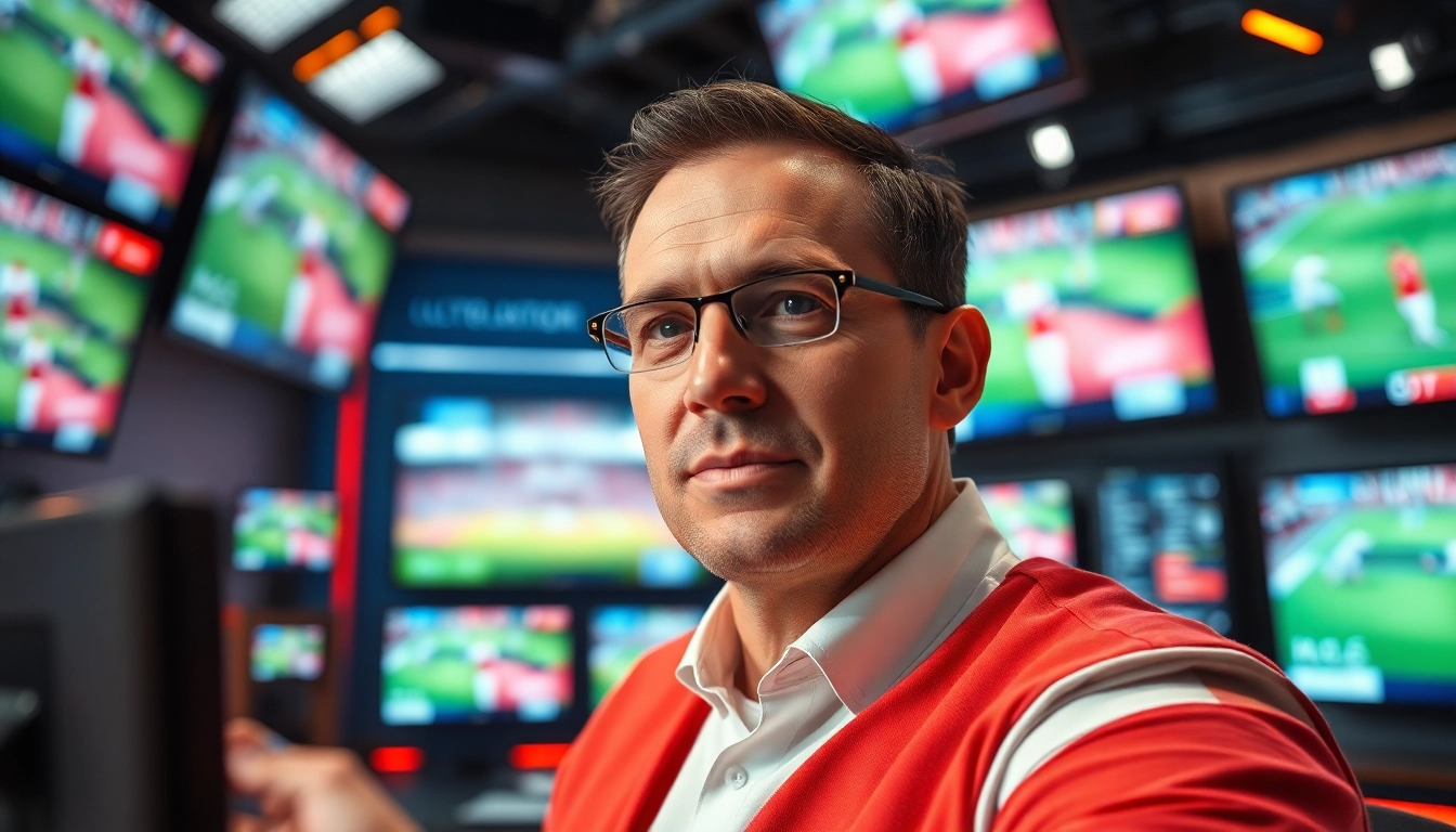 Commentator engaged in Sports Broadcasting with multiple screens in a bright studio setting.